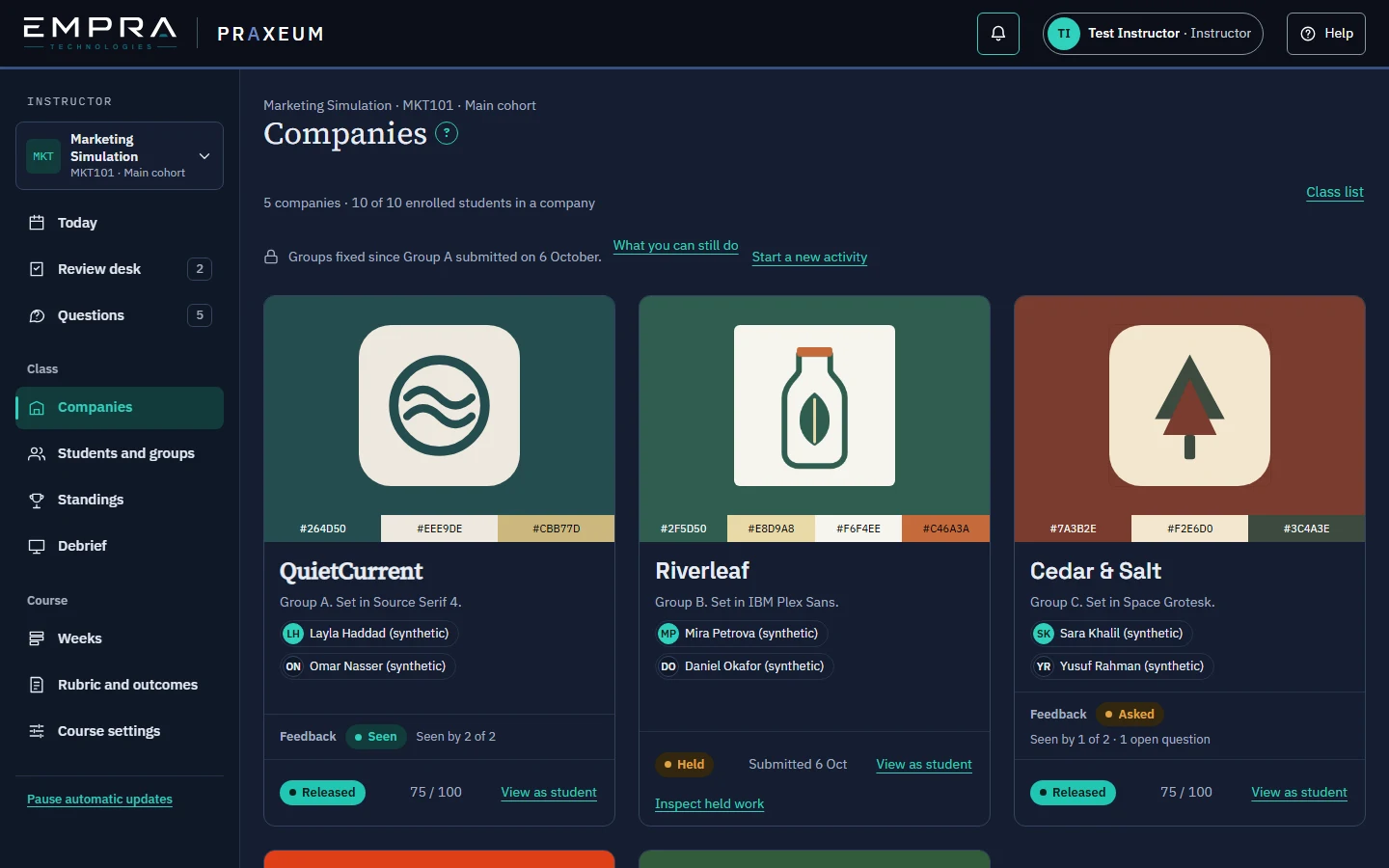 The instructor dashboard: work waiting for review, then each group’s company as a brand card with logo, colours and status