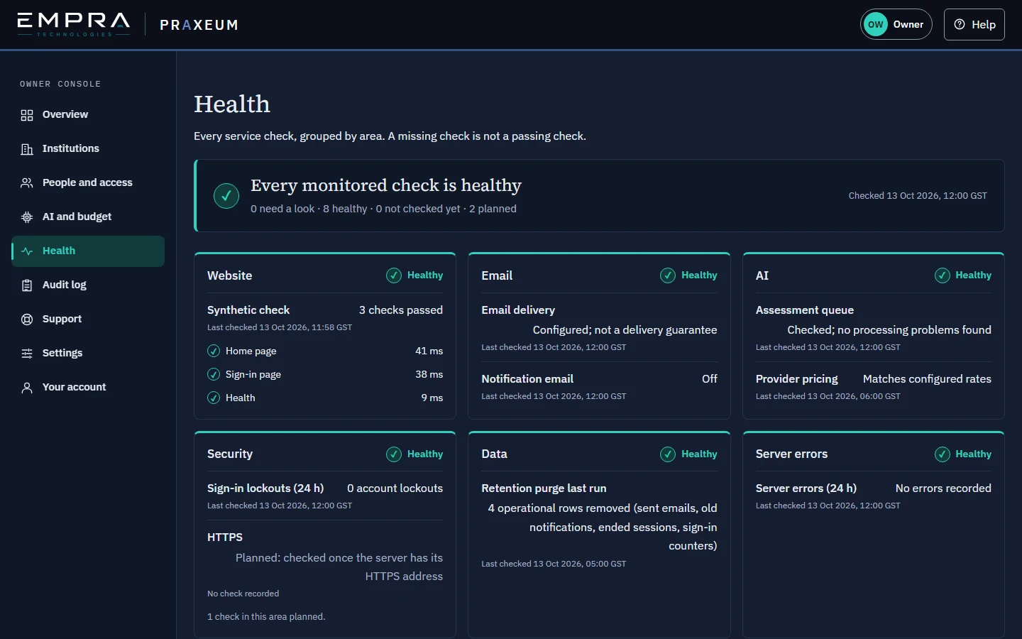 The owner console’s Health board: every monitored check healthy, grouped by area