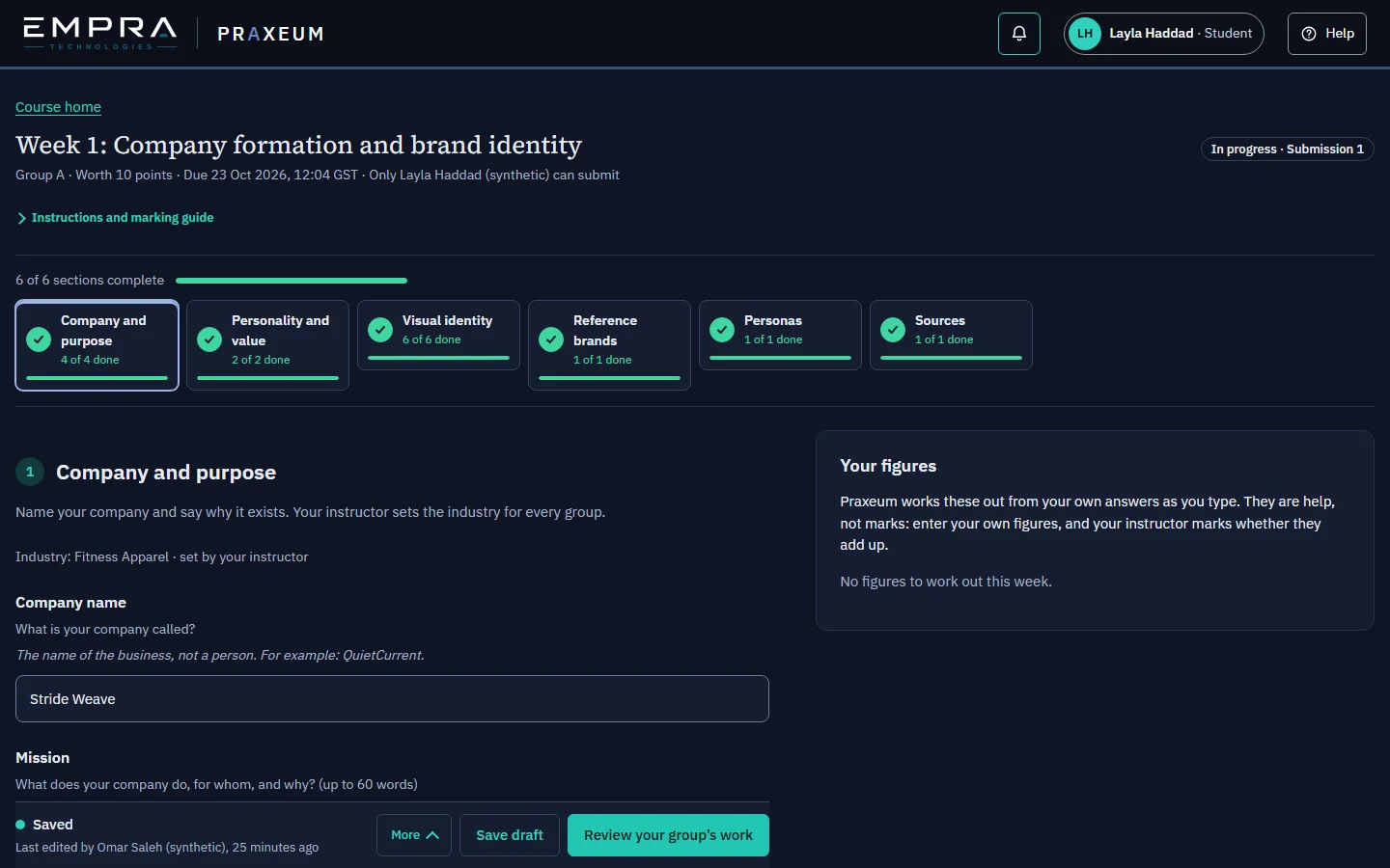 The Week 1 editor, where a group builds its company and brand identity, with six completed sections and a figures panel