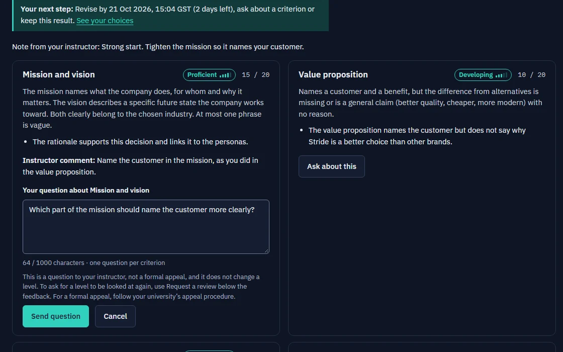 A student writing a question to the instructor about one criterion in the released feedback