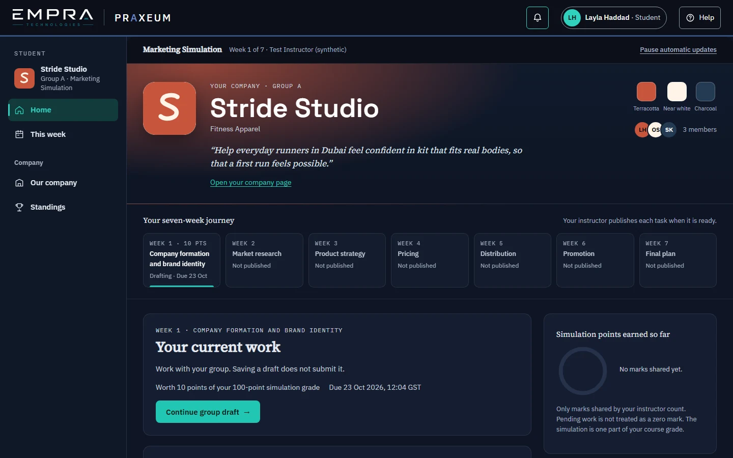 A student’s course home: the group’s company and brand, the seven-week journey with Week 1 in progress, and the work due next